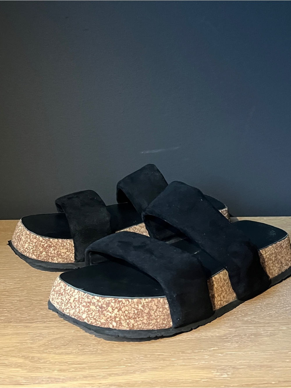 Free People Black Suede Double-Strap Cork Platform Slides